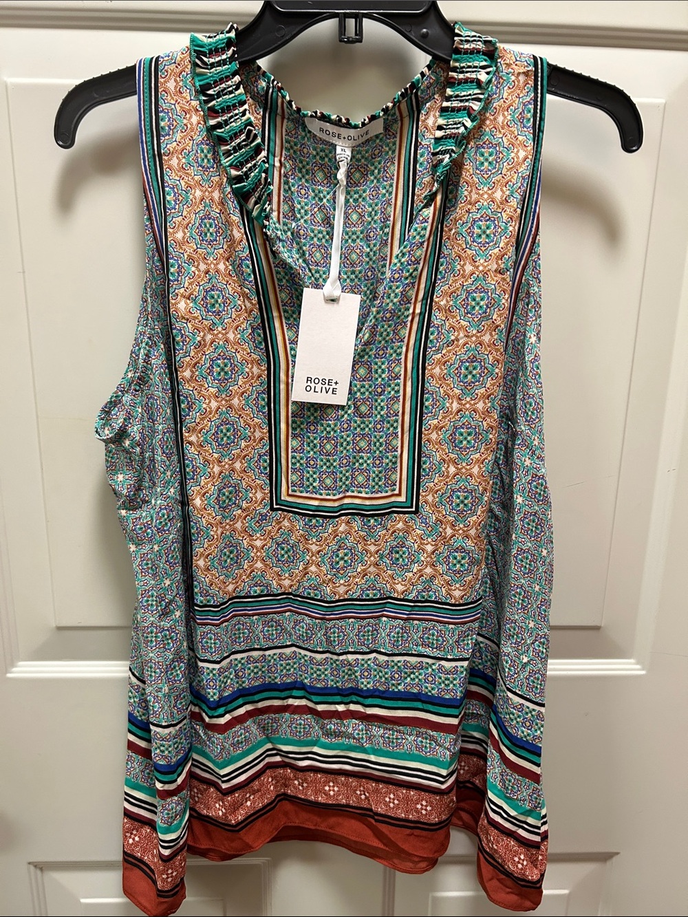 Rose & Olive Teal, Rust & Cream Ruffled-Neck Sleeveless Tank